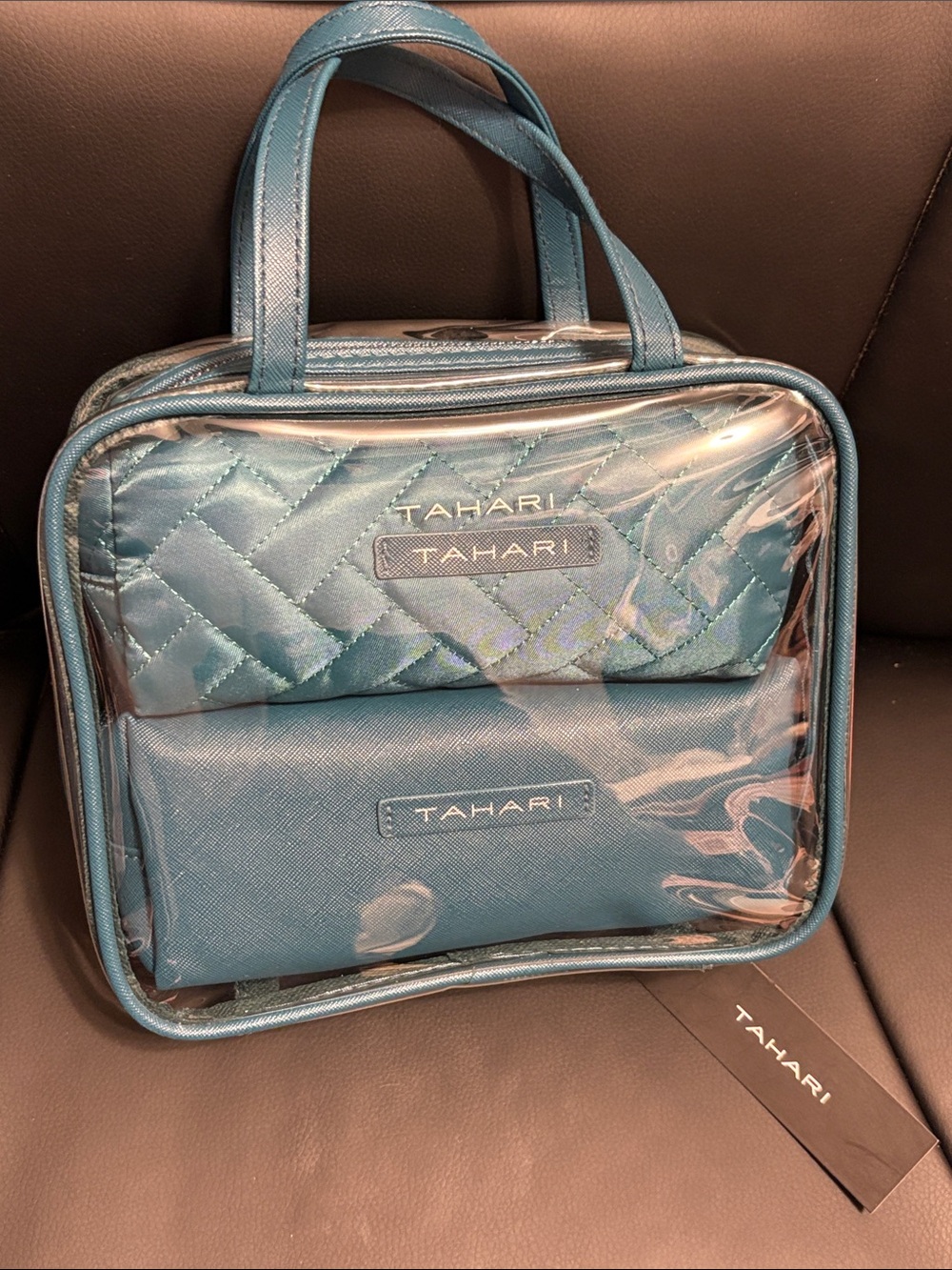 Tahari Teal Quilted & Saffiano Clear-Front Cosmetic Bag Set
